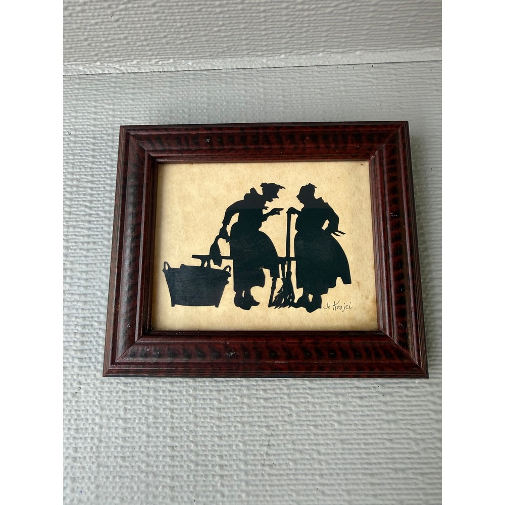 Jo Krajci Signed Vintage Silhouette Art Framed Women Wash Tub Broom 7x6